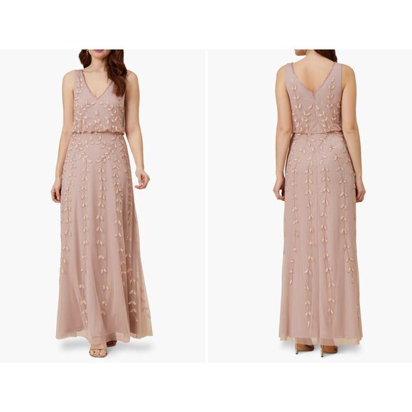 Adrianna Papell Beaded Mesh Blouson Gown Steel Rose Leaf Size 12 NWT - Picture 1 of 8